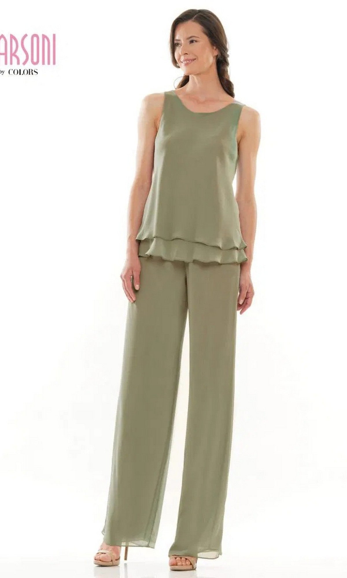 A woman wears the sleeveless, loose-fitting olive green Marsoni M304 Long Formal Pantsuit with layered hem and wide-leg pants, standing and smiling against a plain white background.